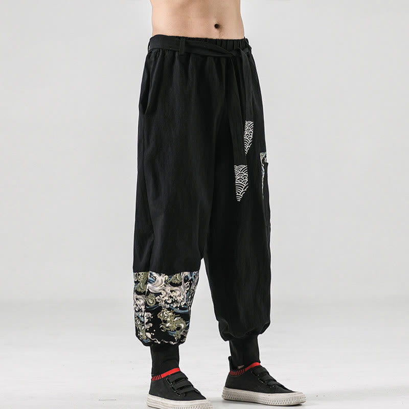 Pantaloni harem da uomo con lacci e tasche, con stampa "Onde oceaniche" e motivo Buddha Stones. - image 1