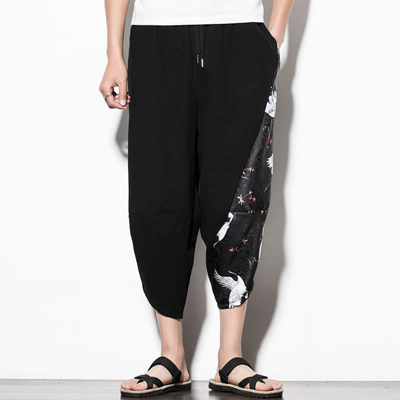 Pantaloni harem da uomo in cotone con stampa gru bianca Buddha Stones con tasche