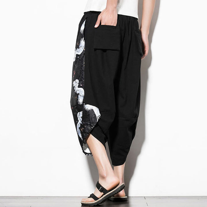 Pantaloni harem da uomo in cotone con stampa gru bianca Buddha Stones con tasche - image 5