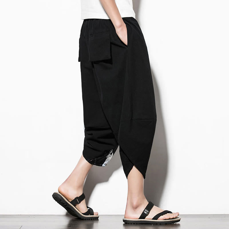 Pantaloni harem da uomo in cotone con stampa gru bianca Buddha Stones con tasche - image 3