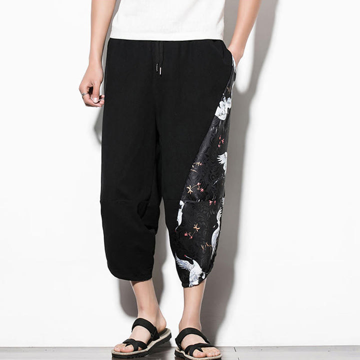 Pantaloni harem da uomo in cotone con stampa gru bianca Buddha Stones con tasche