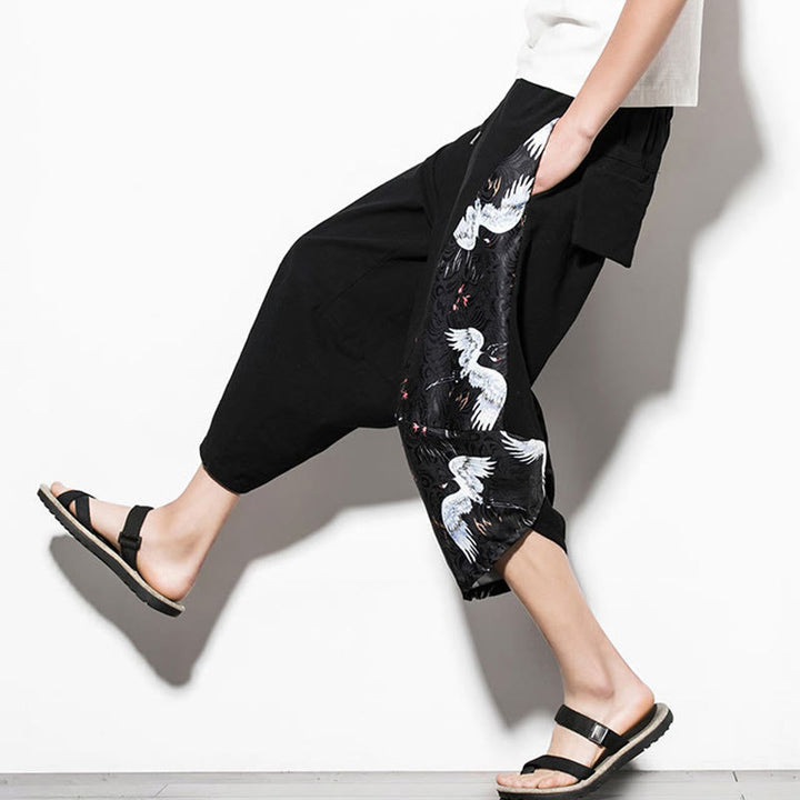 Pantaloni harem da uomo in cotone con stampa gru bianca Buddha Stones con tasche - image 8