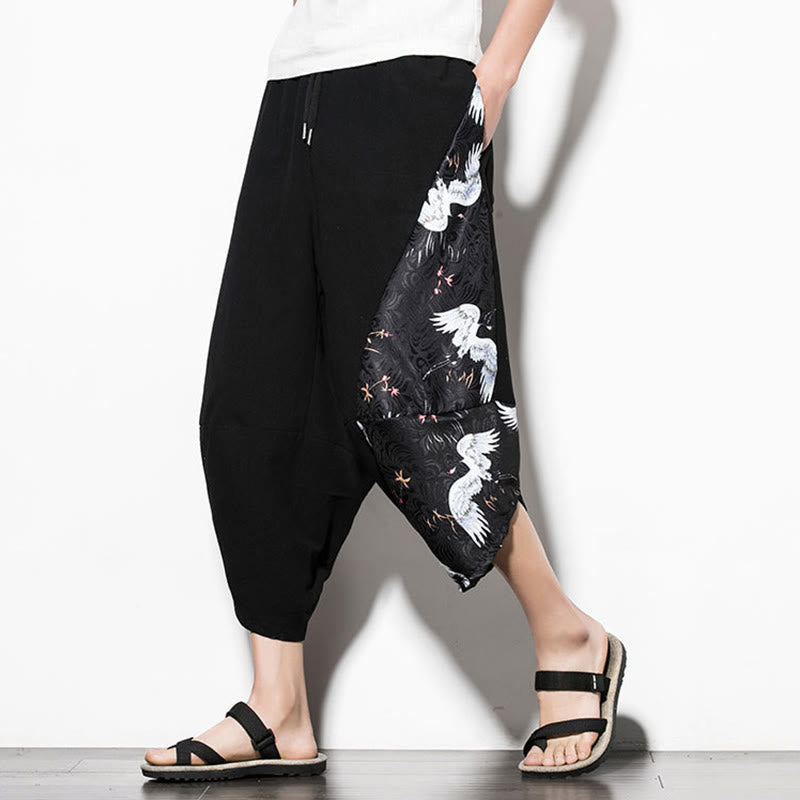 Pantaloni harem da uomo in cotone con stampa gru bianca Buddha Stones con tasche - image 1