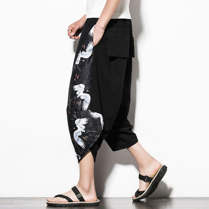 Pantaloni harem da uomo in cotone con stampa gru bianca Buddha Stones con tasche