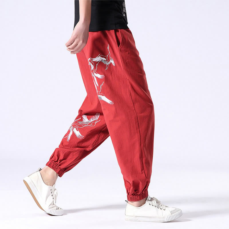 Pantaloni harem da uomo con coulisse e tasche con ricamo a gru bianca Buddha Stones - image 16