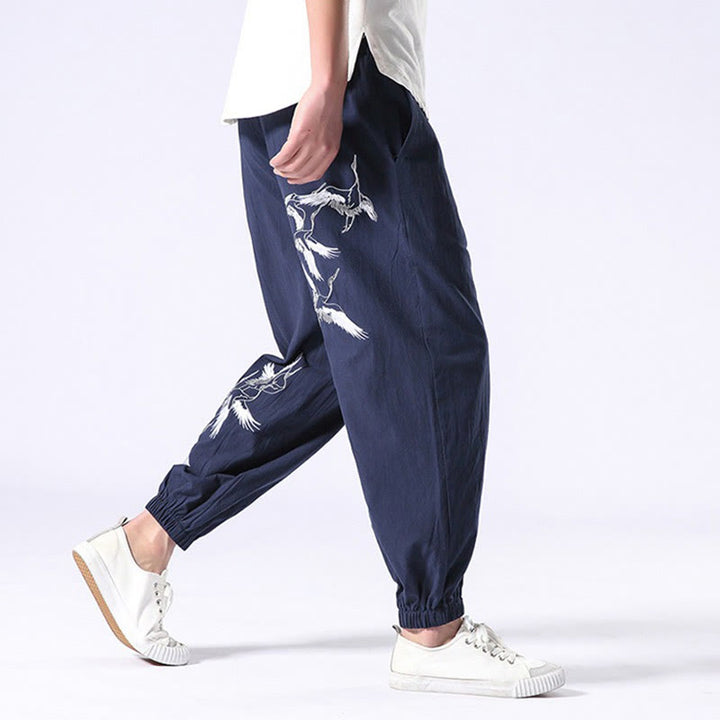 Pantaloni harem da uomo con coulisse e tasche con ricamo a gru bianca Buddha Stones - image 28