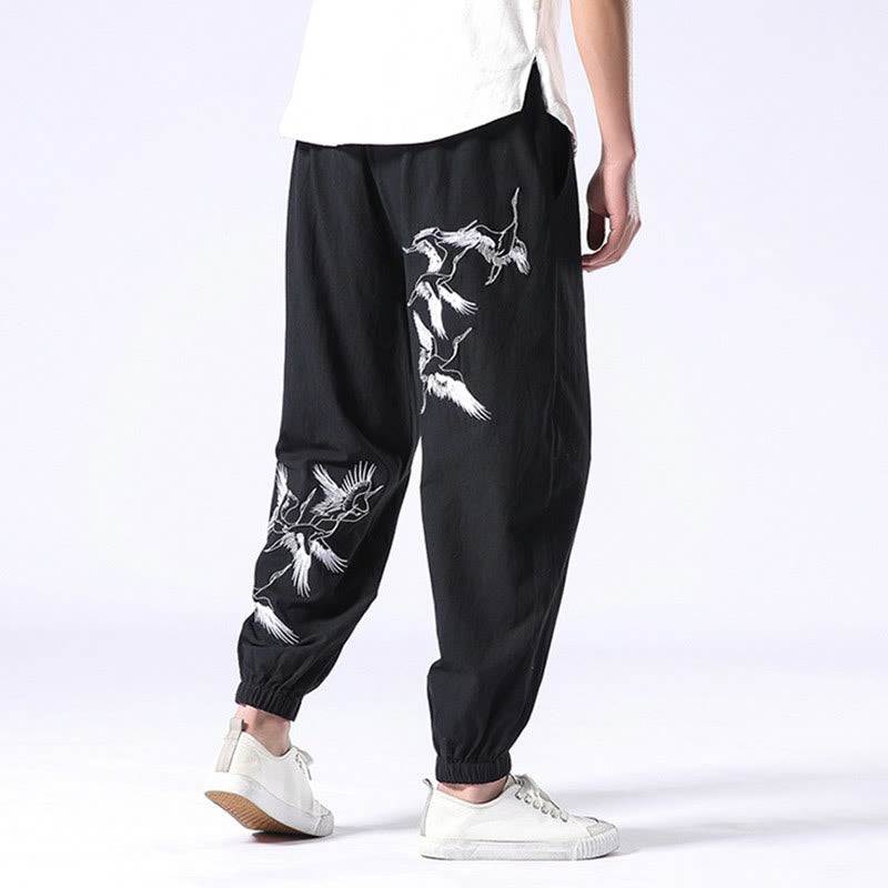 Pantaloni harem da uomo con coulisse e tasche con ricamo a gru bianca Buddha Stones - image 26