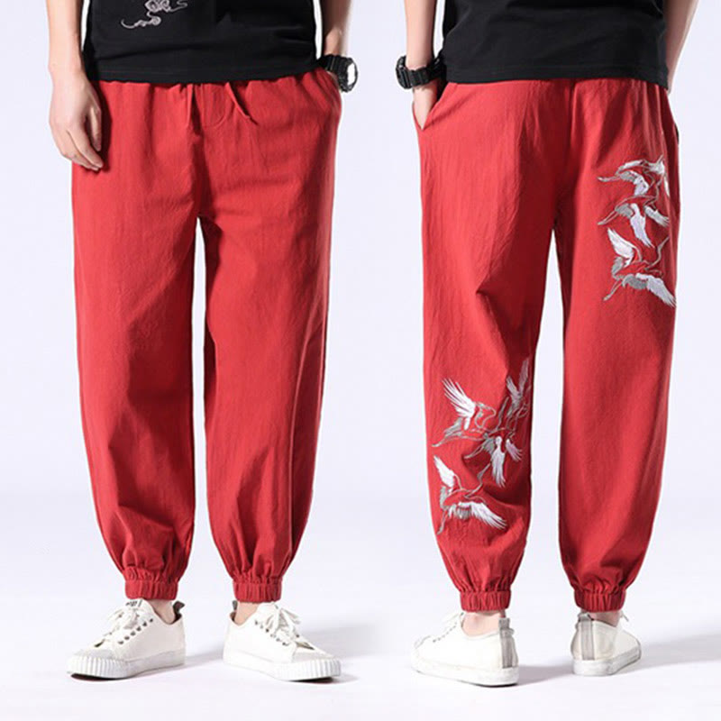 Pantaloni harem da uomo con coulisse e tasche con ricamo a gru bianca Buddha Stones - image 16