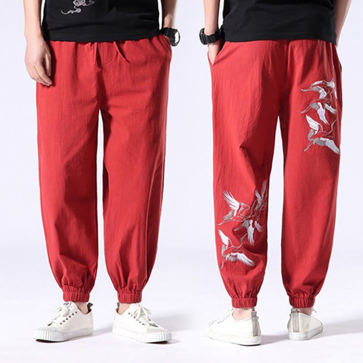 Pantaloni harem da uomo con coulisse e tasche con ricamo a gru bianca Buddha Stones - image 16