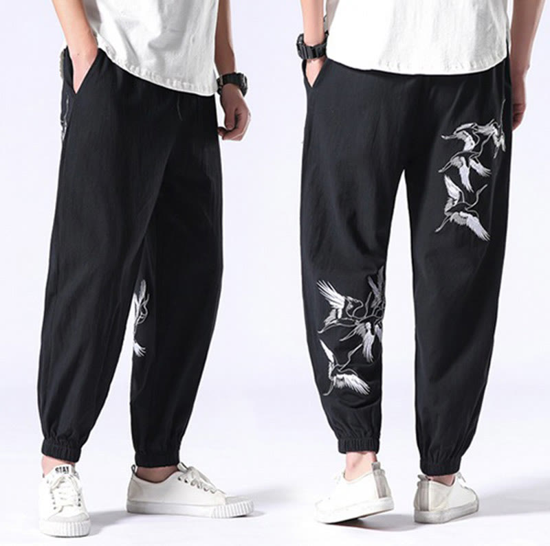 Pantaloni harem da uomo con coulisse e tasche con ricamo a gru bianca Buddha Stones - image 11