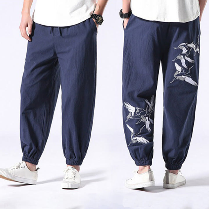 Pantaloni harem da uomo con coulisse e tasche con ricamo a gru bianca Buddha Stones - image 28
