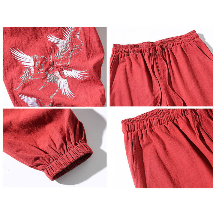 Pantaloni harem da uomo con coulisse e tasche con ricamo a gru bianca Buddha Stones - image 21