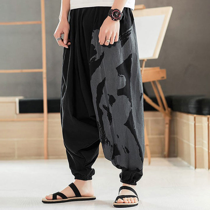 Pantaloni harem da uomo in cotone con tasche, motivo semplice estivo con calligrafia Buddha Stones
