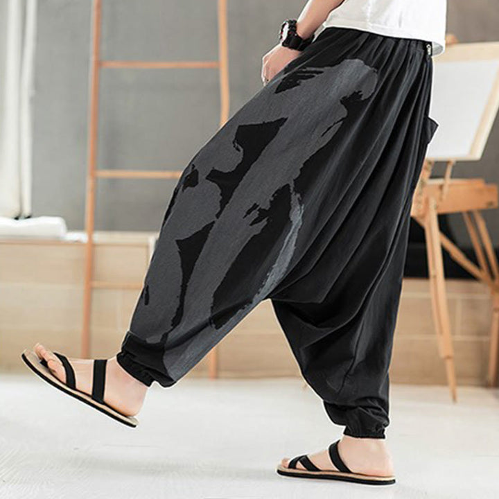 Pantaloni harem da uomo in cotone con tasche, motivo semplice estivo con calligrafia Buddha Stones - image 8