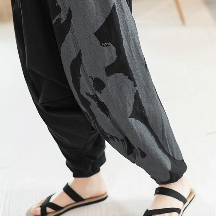 Pantaloni harem da uomo in cotone con tasche, motivo semplice estivo con calligrafia Buddha Stones
