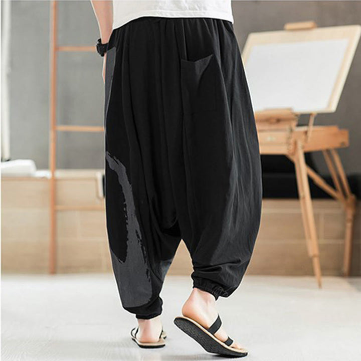 Pantaloni harem da uomo in cotone con tasche, motivo semplice estivo con calligrafia Buddha Stones