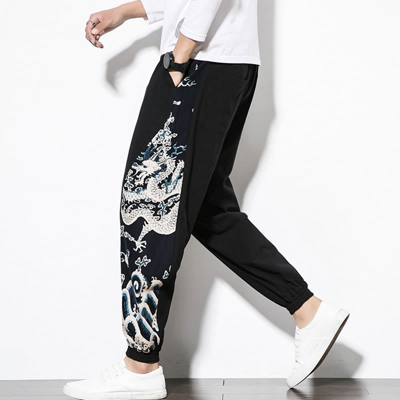 Pantaloni da uomo in cotone Buddha Stones Summer Dragon Waves con tasche