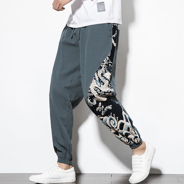 Pantaloni da uomo in cotone Buddha Stones Summer Dragon Waves con tasche