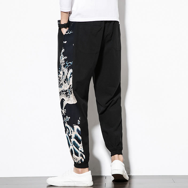 Pantaloni da uomo in cotone Buddha Stones Summer Dragon Waves con tasche - image 11