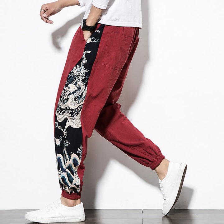 Pantaloni da uomo in cotone Buddha Stones Summer Dragon Waves con tasche
