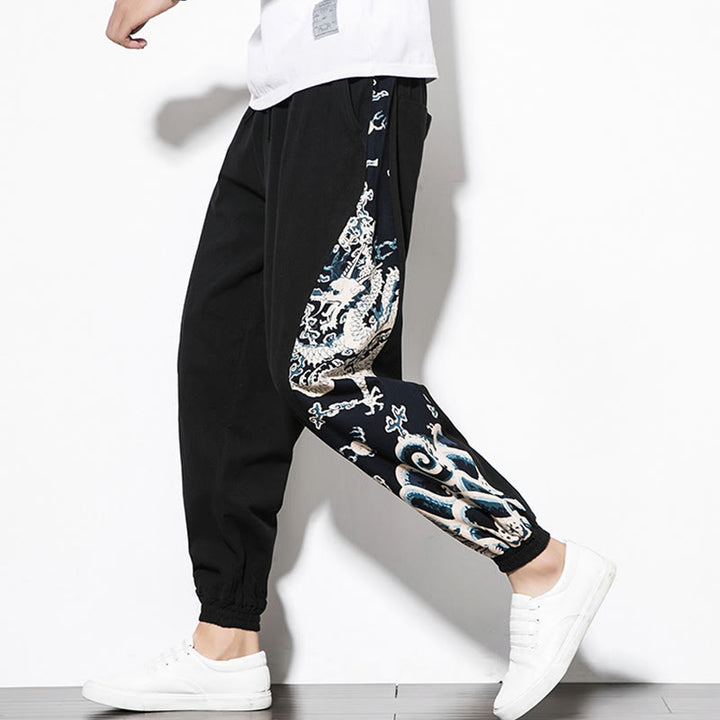 Pantaloni da uomo in cotone Buddha Stones Summer Dragon Waves con tasche