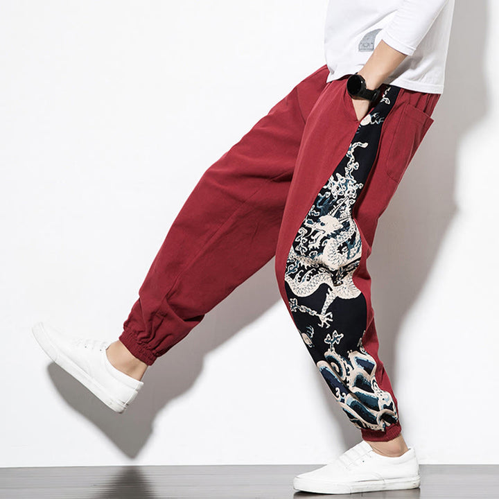 Pantaloni da uomo in cotone Buddha Stones Summer Dragon Waves con tasche