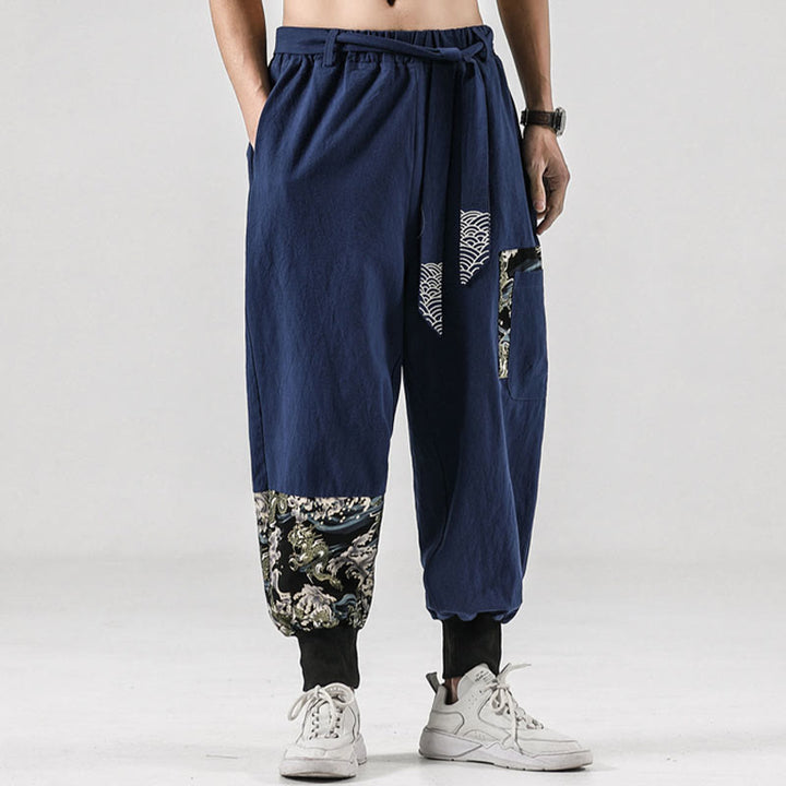 Pantaloni harem da uomo con lacci e tasche, con stampa "Onde oceaniche" e motivo Buddha Stones. - image 34