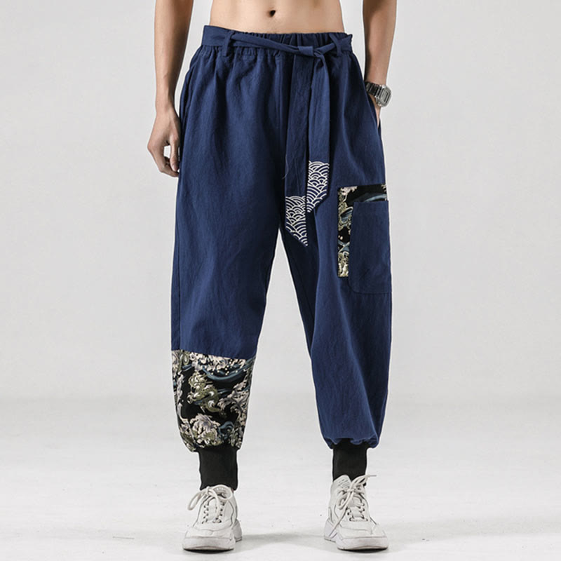 Pantaloni harem da uomo con lacci e tasche, con stampa "Onde oceaniche" e motivo Buddha Stones. - image 32
