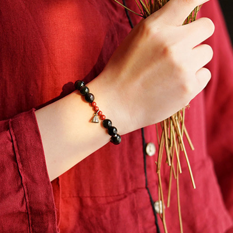 Bracciale Buddha Stones Naturale Ossidiana Nera Cinabro Loto Ciondolo Forza Soddisfazione