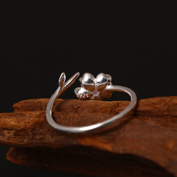 Anello regolabile Buddha Stones in argento sterling 925 con fiore di ciliegio Sakura e benedizione