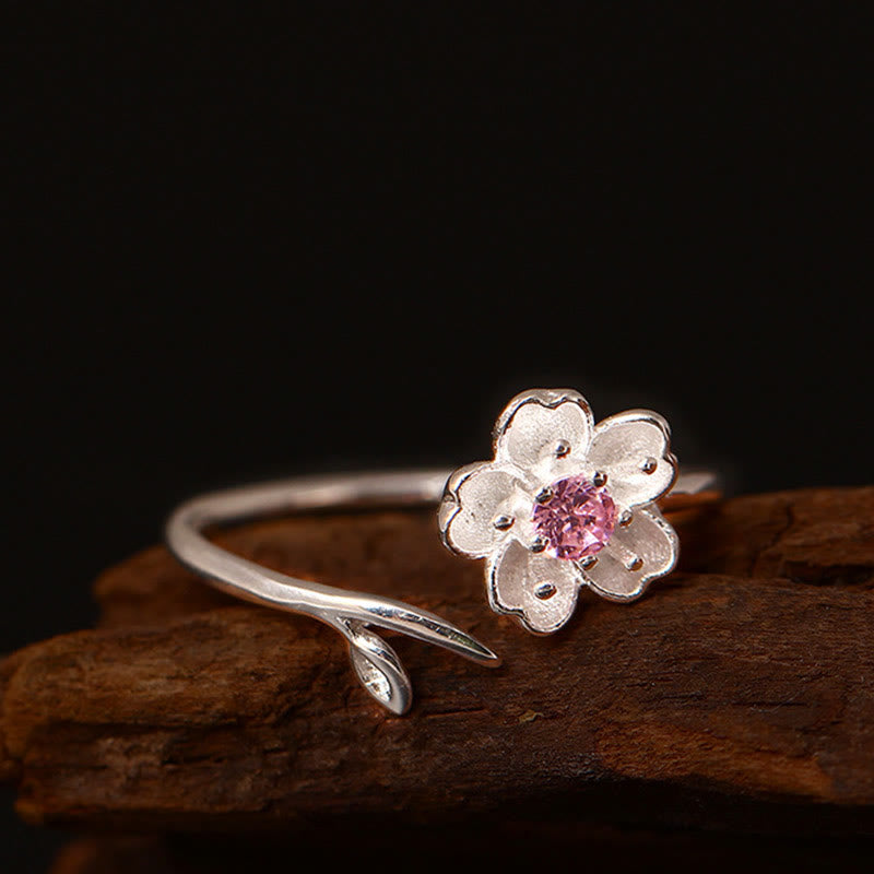 Anello regolabile Buddha Stones in argento sterling 925 con fiore di ciliegio Sakura e benedizione