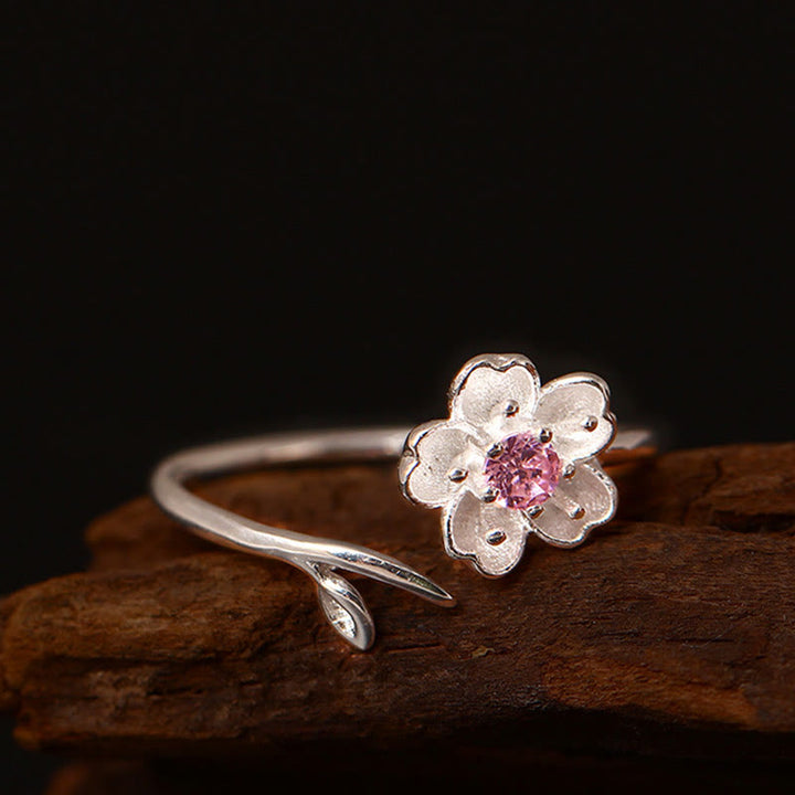 Anello regolabile Buddha Stones in argento sterling 925 con fiore di ciliegio Sakura e benedizione
