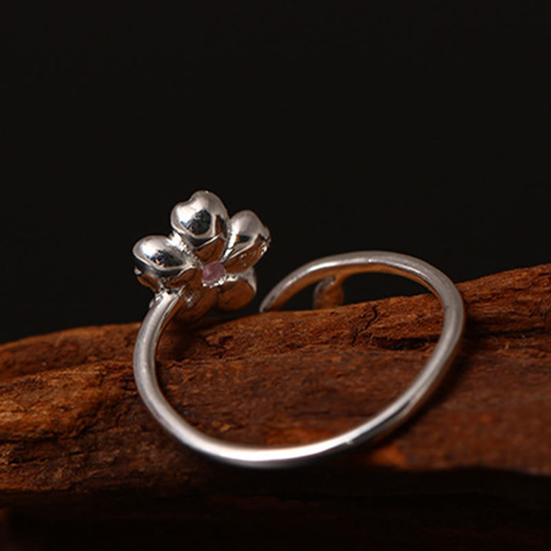 Anello regolabile Buddha Stones in argento sterling 925 con fiore di ciliegio Sakura e benedizione