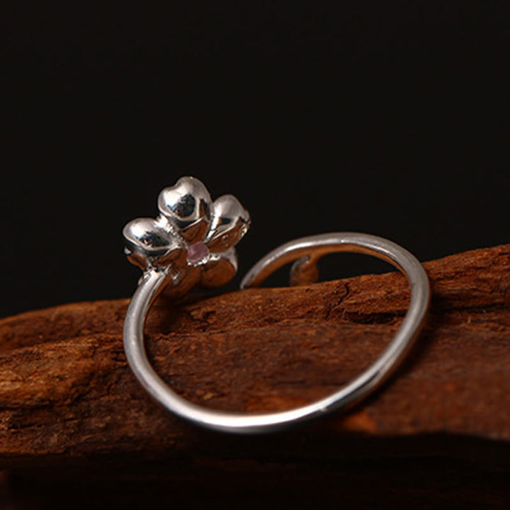 Anello regolabile Buddha Stones in argento sterling 925 con fiore di ciliegio Sakura e benedizione