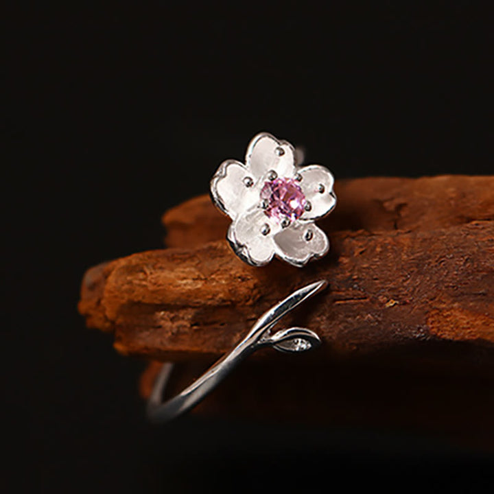 Anello regolabile Buddha Stones in argento sterling 925 con fiore di ciliegio Sakura e benedizione