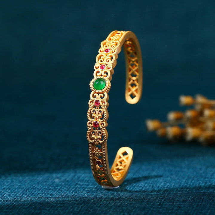 Bracciale rigido Buddha Stones Calcedonio verde 24k placcato oro rame forza polsino