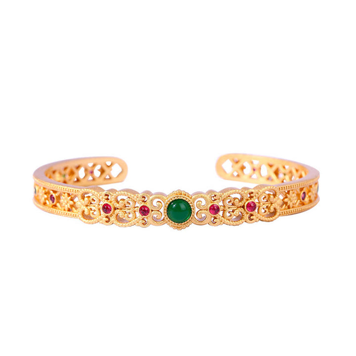 Bracciale rigido Buddha Stones Calcedonio verde 24k placcato oro rame forza polsino