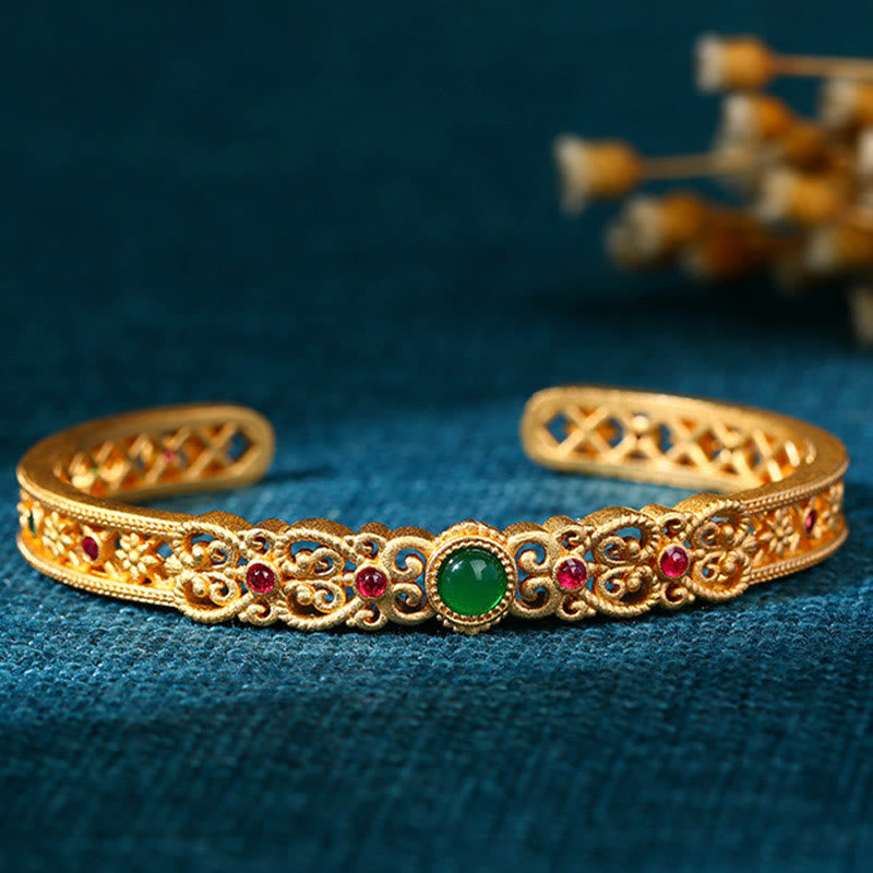 Bracciale rigido Buddha Stones Calcedonio verde 24k placcato oro rame forza polsino