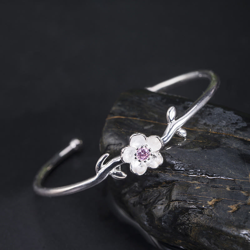 Braccialetto portafortuna in argento sterling 925 con fiori di ciliegio Buddha Stones - Fiore di ciliegio in argento sterling 925 (circonferenza polso: 15-19 cm) - image 0