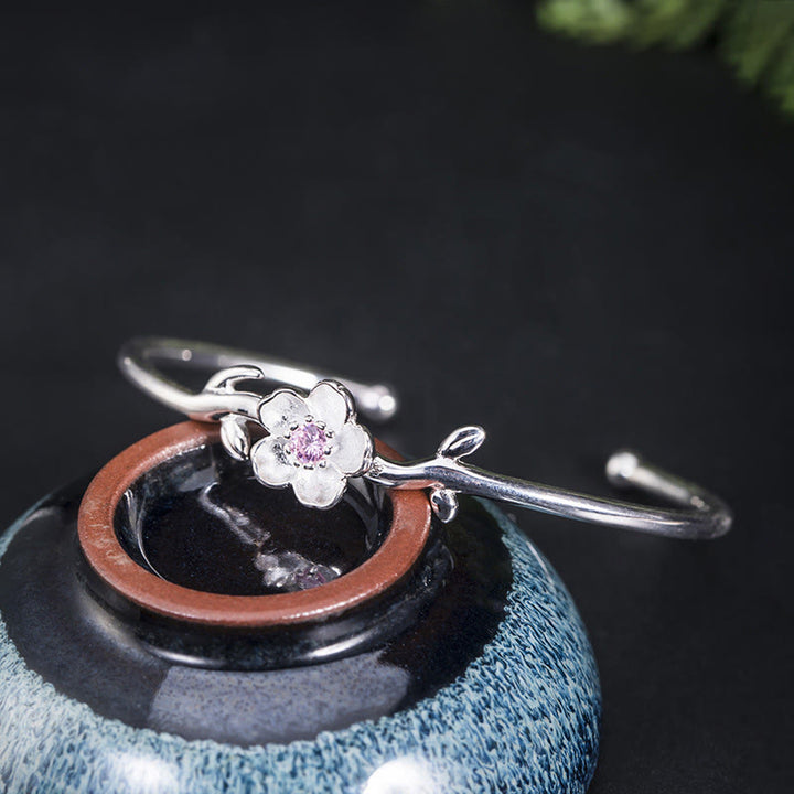Braccialetto portafortuna in argento sterling 925 con fiori di ciliegio Buddha Stones