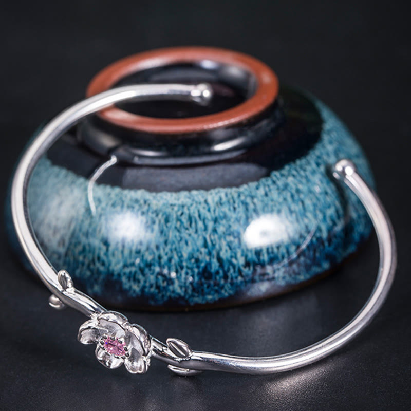 Braccialetto portafortuna in argento sterling 925 con fiori di ciliegio Buddha Stones