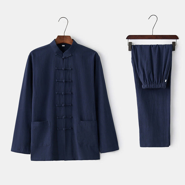 Buddha Stones Frog-Bottone Tang Camicia Manica Lunga Pantaloni Uomo Completo - Blu notte - US/UK/AU44, EU54 (4XL) - image 3