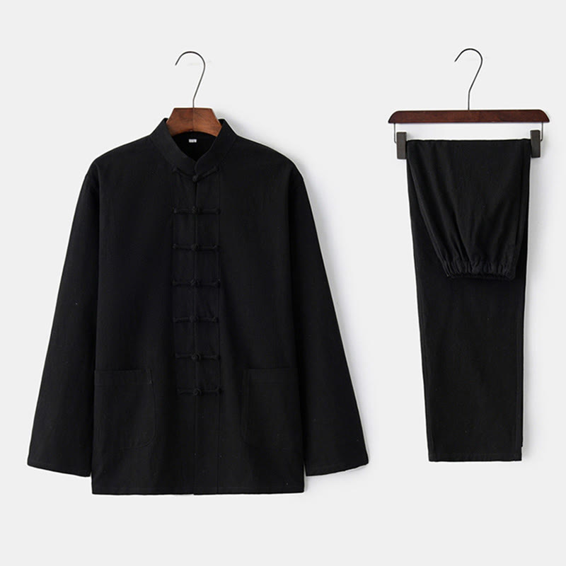 Buddha Stones Frog-Bottone Tang Camicia Manica Lunga Pantaloni Uomo Completo - Nero - US/UK/AU44, EU54 (4XL) - image 1