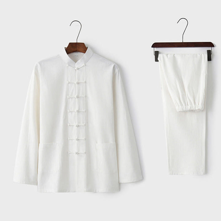 Buddha Stones Frog-Bottone Tang Camicia Manica Lunga Pantaloni Uomo Completo - Bianco - US/UK/AU44, EU54 (4XL) - image 6