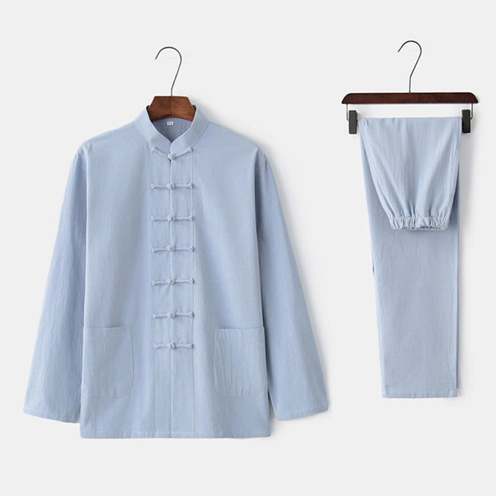 Buddha Stones Frog-Bottone Tang Camicia Manica Lunga Pantaloni Uomo Completo - AzzurroCielo Chiaro - US/UK/AU44, EU54 (4XL) - image 7