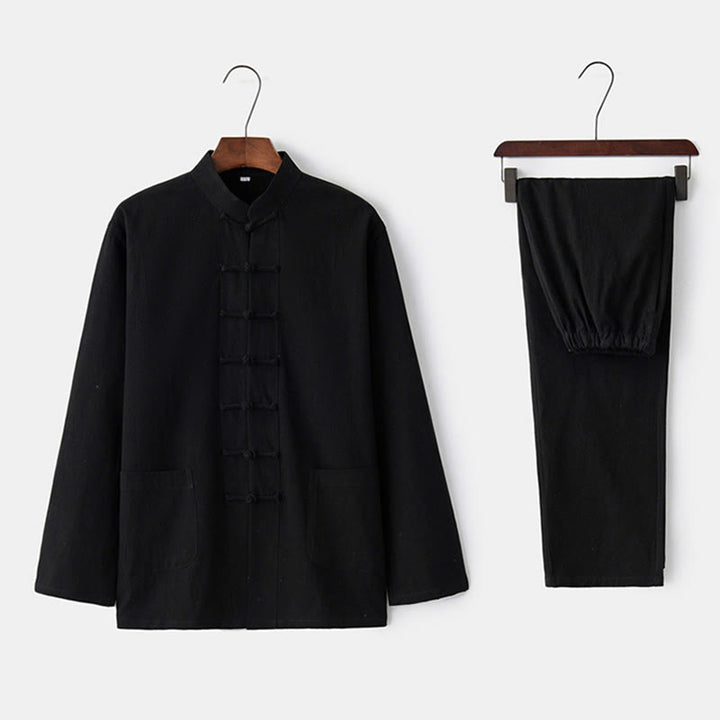 Buddha Stones Frog-Bottone Tang Camicia Manica Lunga Pantaloni Uomo Completo - Nero - US/UK/AU44, EU54 (4XL) - image 2