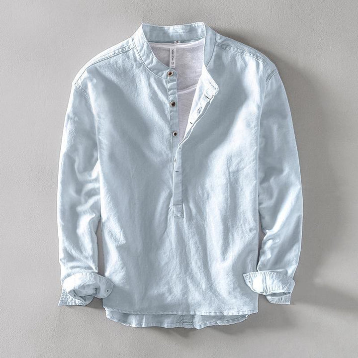 Camicia a Buddha Stones lunghe con bottoni a tinta unita in cotone e lino, abbigliamento maschile