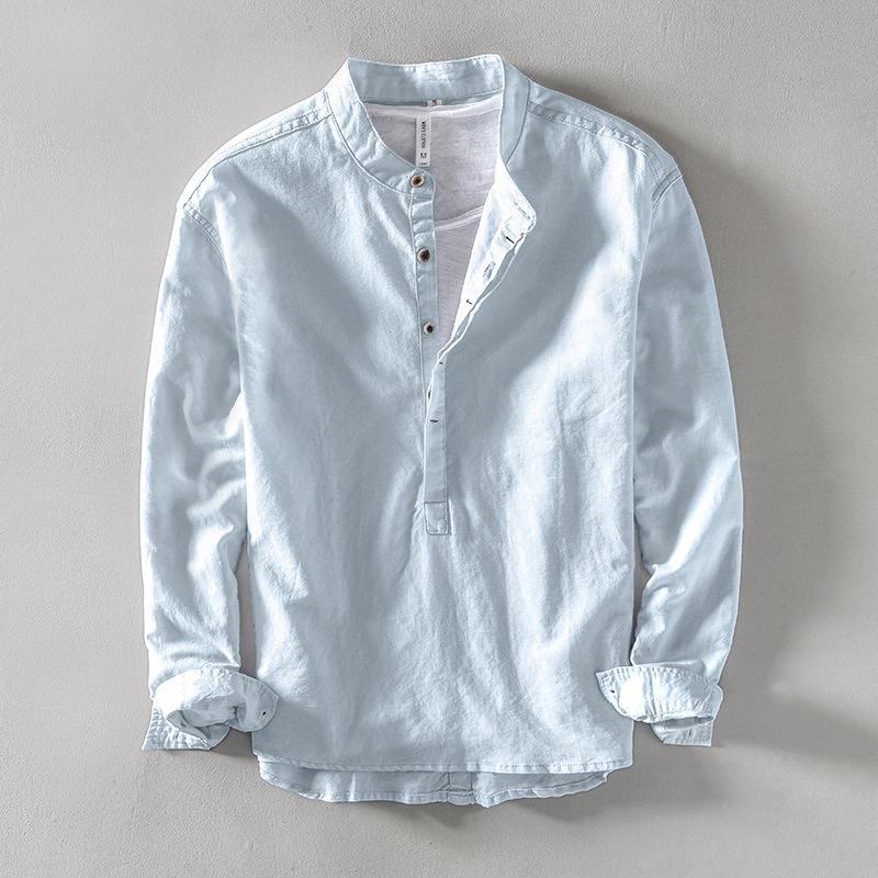 Camicia a Buddha Stones lunghe con bottoni a tinta unita in cotone e lino, abbigliamento maschile - Azzurro chiaro - US/UK/AU40, EU50 (2XL) - image 0
