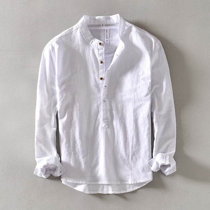 Camicia a Buddha Stones lunghe con bottoni a tinta unita in cotone e lino, abbigliamento maschile