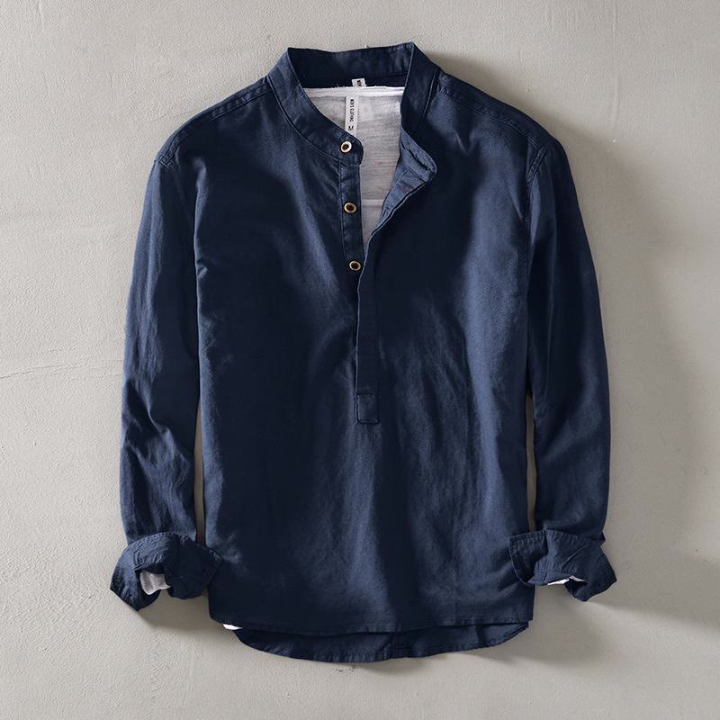 Camicia a Buddha Stones lunghe con bottoni a tinta unita in cotone e lino, abbigliamento maschile